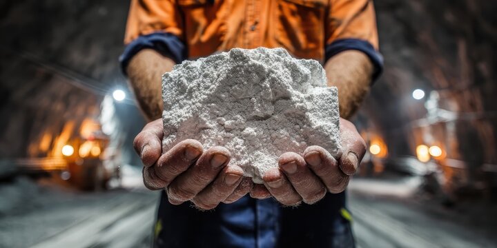 Close up of hands holding raw coal chunk rock at industrial mining site. Miner holds stone piece palm. Top view. Mine industry. Construction worker with geological core sample for mining exploration