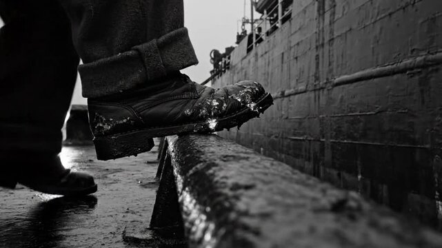 Black and white shot of a weathered boot stepping across a rail on a ship's deck, nautical scene