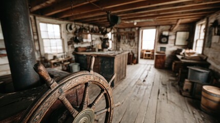 Fototapeta premium Rustic interior with wooden wheel and vintage decor in a historical setting