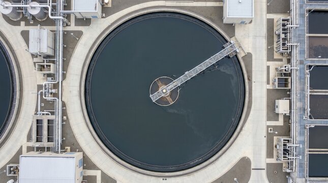 Aerial view of a large circular clarifier tank at a modern water treatment plant, showing industrial infrastructure. Environmental engineering and water purification.