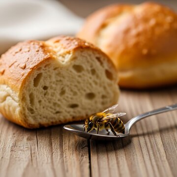 Honey Bee Resting on Metal Spoon Beside Fresh Bread on Rustic Wooden Table