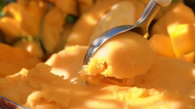 A scoop gathers a ball of refreshing mango sorbet. Background shows fresh cut mango pieces. Coolness on a hot day. Freshness