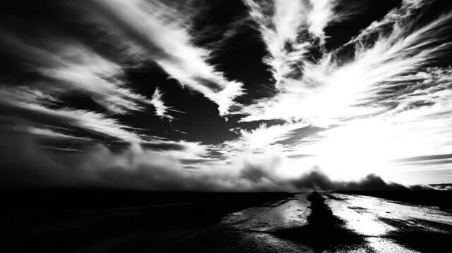Dramatic black and white landscape of a wet road leading to a bright, sunlit horizon with striking cloud formations