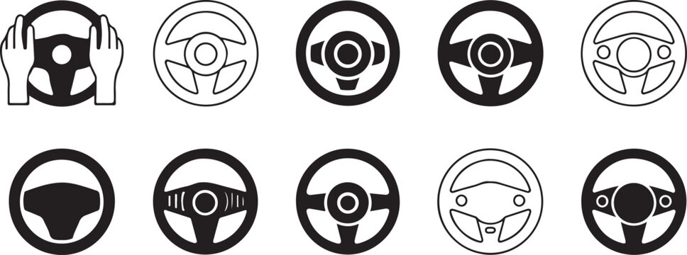 Set of modern car steering wheels isolated on transparent background including driver hands and various geometric rim styles.