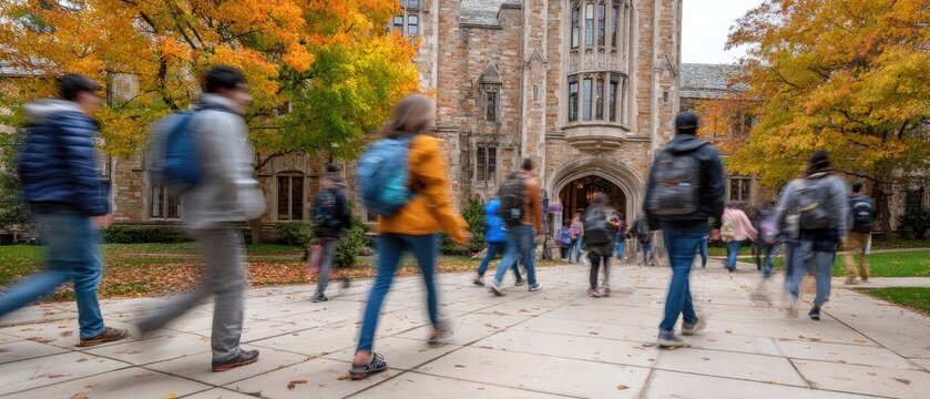 Students walking on campus in front of a stone building with autumn foliage