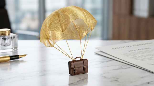 Golden parachute attached to a small leather briefcase landing on a marble desk, symbolizing executive severance and financial safety nets.