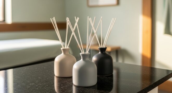 Set of three ceramic reed diffusers in matte neutral colors for home aromatherapy and decor