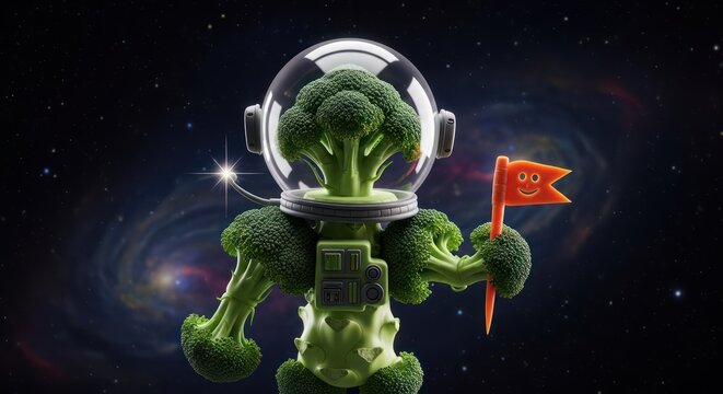 Broccoli alien holding flag in deep space galaxy background.