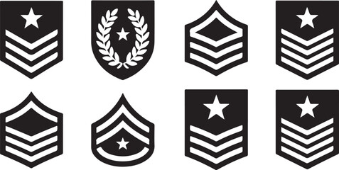 Obraz premium Collection of eight military rank insignias with stars and chevron patterns in black monochrome style for army service hierarchy.
