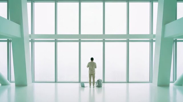 Businessman looking out office window in spacious modern lobby. Male corporate executive standing in empty glass hall. Future office architecture and success concept