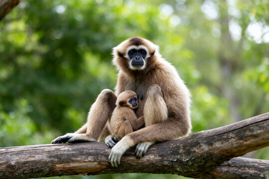 Adult and baby gibbon monkeys sitting on a tree branch in a natural forest environment