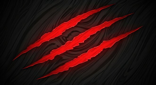 Three glowing red claw marks on dark wood background.