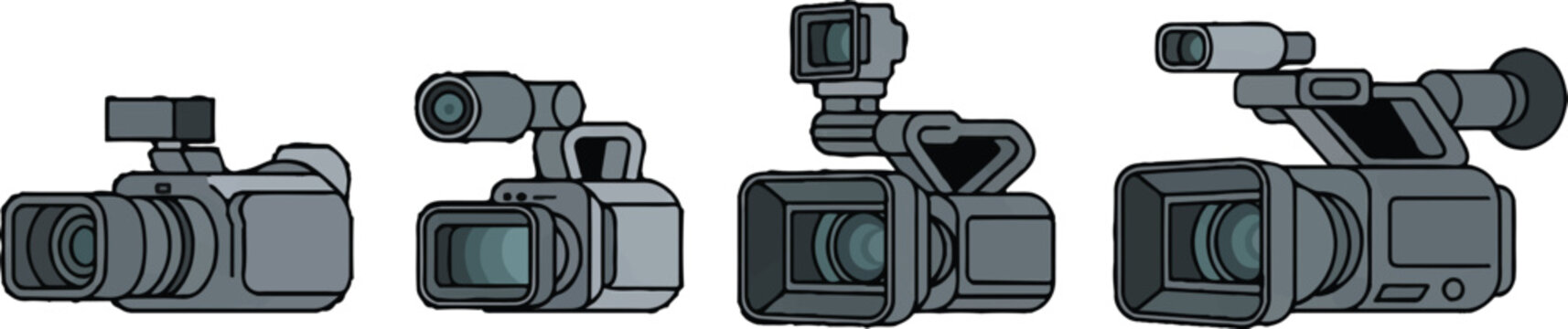 Professional video camcorder collection isolated on transparent background showing different handheld television broadcast units.