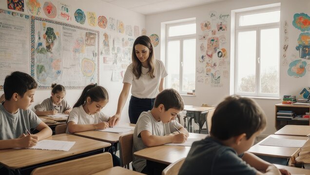 Teacher Assisting Students in a Classroom Setting.