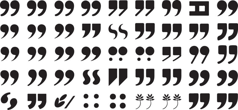 Diverse set of typographic quotation mark symbols featuring various artistic styles and forms for editorial layout usage and text.