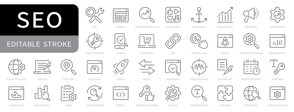 Seo simple line icons set. Search engine optimization editable stroke icon. vector