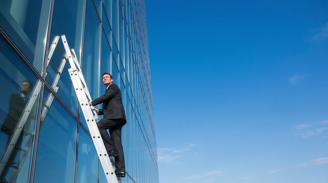Executive climbing a ladder with missing rungs against a skyscraper, illustrating career barriers and impossible corporate progression.