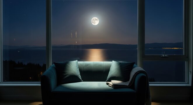Night view of full moon over sea from window.