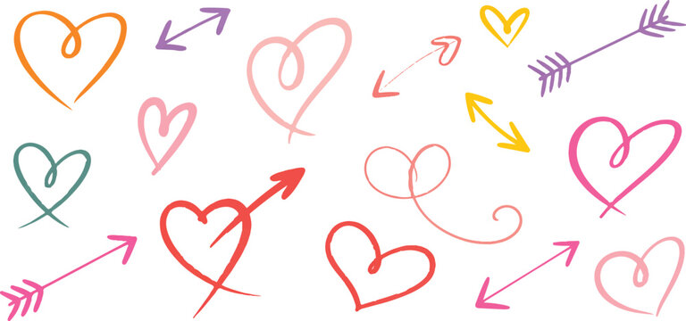 Assorted hand drawn colorful hearts and arrows doodle elements for romantic love card romantic message graphic page decoration.