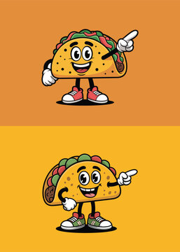 Cheerful anthropomorphic taco mascot dancing with joyful expression in cartoon style
