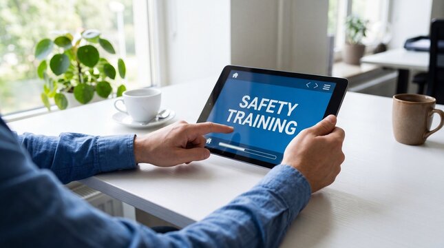 Man in office setting taking online safety training course on tablet computer with cup of coffee