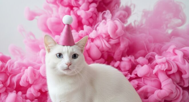 White cat in pink party hat surrounded by smoke.