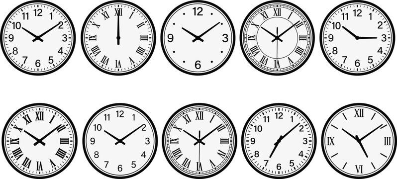 Classic round wall clock vector illustration collection, arabic and roman numeral set