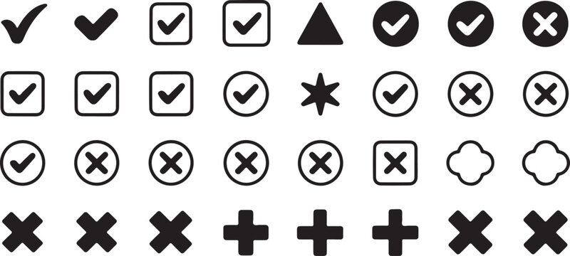 Collection of various check mark cross mark plus signs and geometric shapes for user interface and document validation systems.