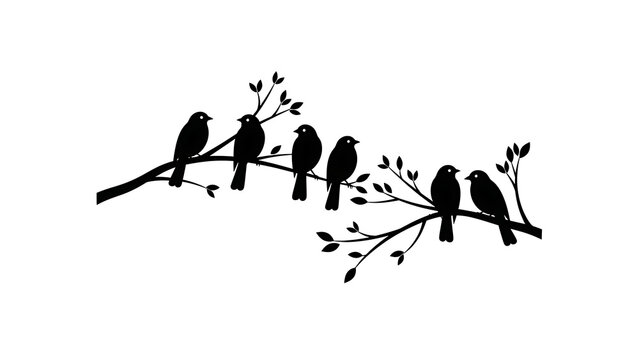 Six black birds sitting on a tree branch isolated on a transparent background