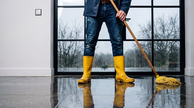 Person wearing yellow rain boots and jeans mopping a wet floor with a yellow mop in a room with large windows and a view of bare trees outside.