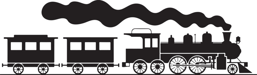 Black steam locomotive train with carriages and smoke clouds isolated silhouette vintage rail engine transportation heavy cargo. © Kamrun82