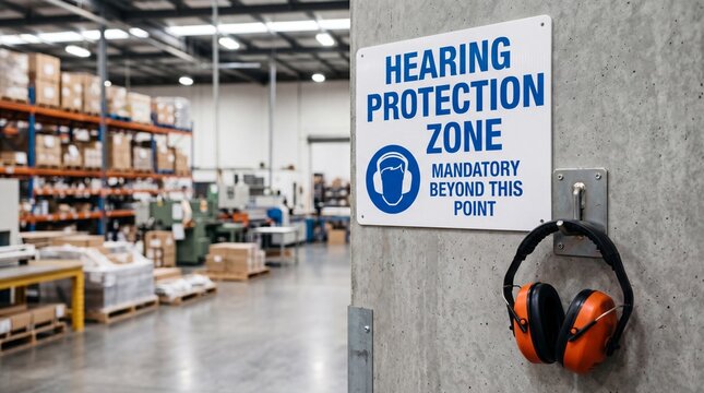 Hearing protection zone sign with orange earmuffs on concrete wall in industrial warehouse with blurred background of storage shelves and equipment