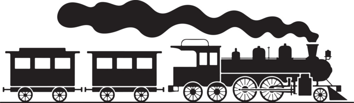 Black steam locomotive train with carriages and smoke clouds isolated silhouette vintage rail engine transportation heavy cargo.