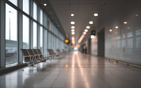 Illuminated modern airport terminal hallway with seating and large windows
