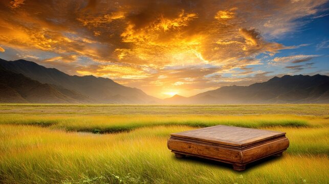 Wooden table in a grassy field with a stunning sunset and mountain backdrop
