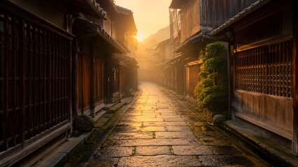 Fototapeta premium Kyoto Machiya Alley Morning Mist Golden Sunrise Japan Background Copy Space Design
