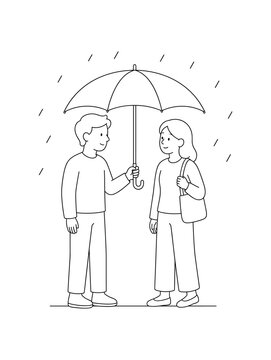 Man holding umbrella for woman in rain. Protection, weather, courtesy, caring, shelter, polite gesture. Line vector illustration.