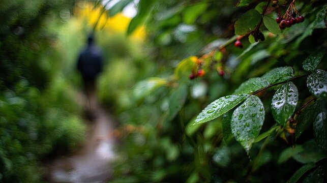 A figure walks down a wet path surrounded by lush, dew-kissed foliage