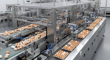 Fototapeta premium Automated Egg Processing Machine Sorting Brown and White Eggs in Modern Factory