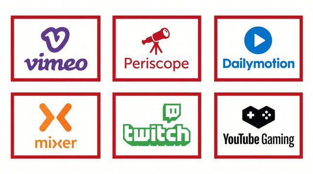 Social media icon logo vector set featuring Vimeo, Periscope, Dailymotion, Mixer, Twitch and YouTube Gaming app icons, digital video streaming platform collection for web and mobile UI design.