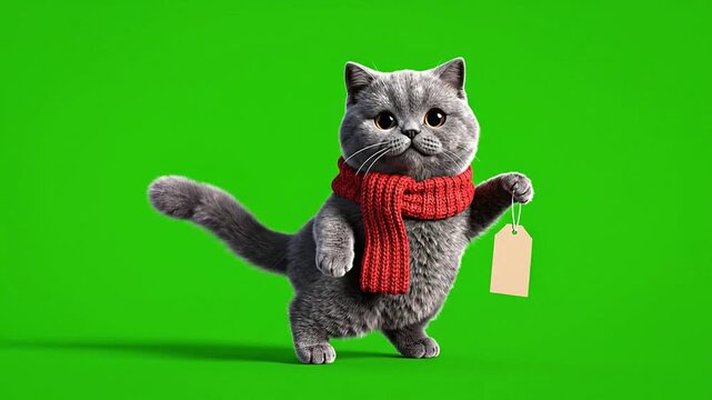Cute Animated Gray Cat Wearing Red Scarf Holding Tag With Joyful Expression On Green Background Ideal For Festive Marketing