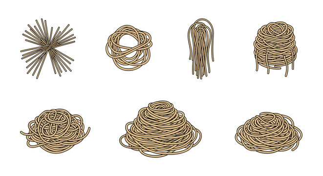 Set of different tangled and organized spaghetti pasta illustrations with varying shapes and complexity for culinary, food, and cooking design projects
