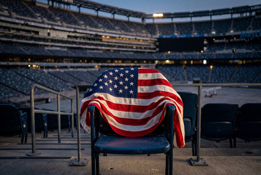 American flag draped over a stadium seat