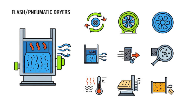 Flash pneumatic dryer vector icon sheet with cyclone separator and air transport