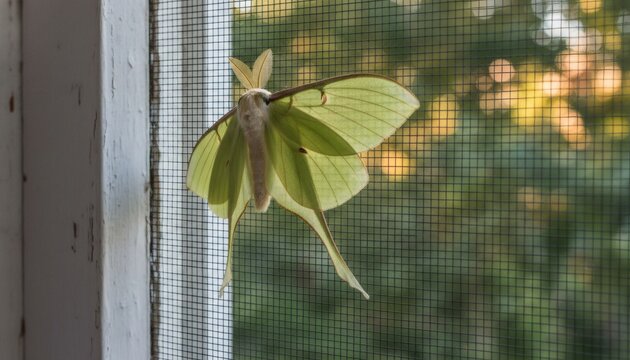 A majestic green luna moth resting on a screen door of a country house during sunset, symbolizing summer insects and biodiversity concept with natural bokeh background