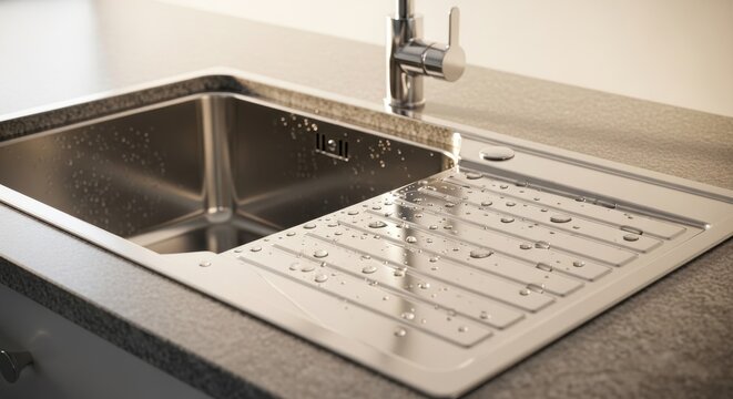 Gleaming stainless steel kitchen sink with integrated drainer and chrome tap, showcasing water droplets and modern design