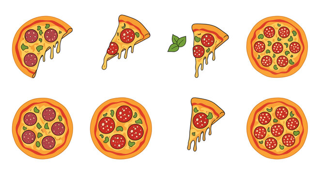 Cartoon pizza slices with pepperoni cheese and basil, repeat pattern for food design, fun and colorful image for restaurant or menu use