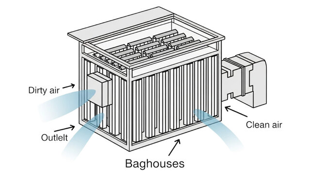Exhaust and emissions control vector icon sheet with cyclone separator baghouse scrubber