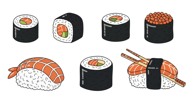 Assorted sushi rolls and nigiri set with salmon, rice, seaweed, and roe - ideal for Japanese cuisine recipes, menus, or restaurant decoration