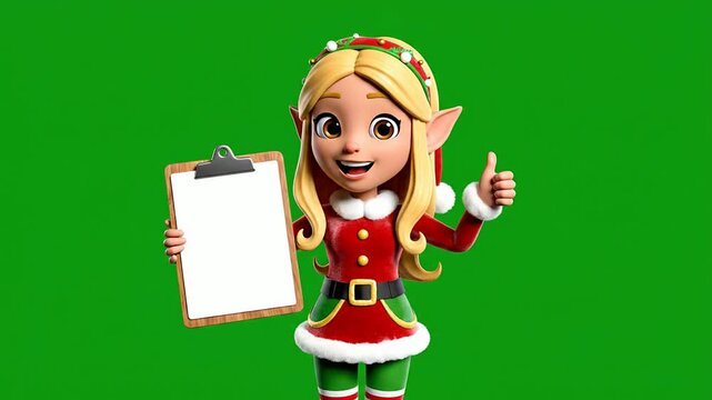 Cute Christmas Elf Character Holding Clipboard on Green Screen Background for Holiday-Themed Projects and Promotions